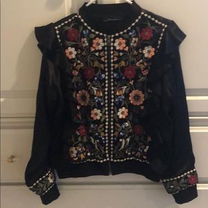 Zara satin embroidered jacket/blouse with ruffle